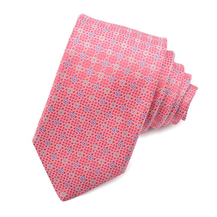 Pink, Powder Blue, and Silver Micro Floral Medallion Woven Silk Jacquard Tie by Dion Neckwear