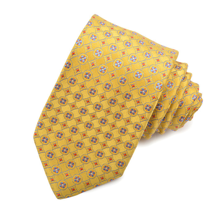 Gold, Cognac, and Sky Geometric Medallion Woven Silk Jacquard Tie by Dion Neckwear