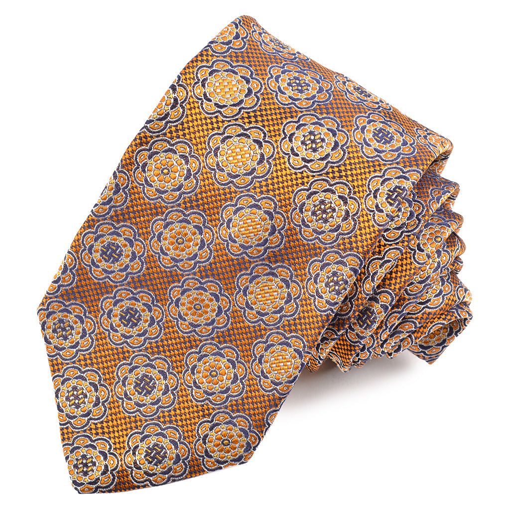 Gold, Navy, and Silver Mandala and Micro Houndstooth Woven Italian Silk Jacquard Tie by Dion Neckwear