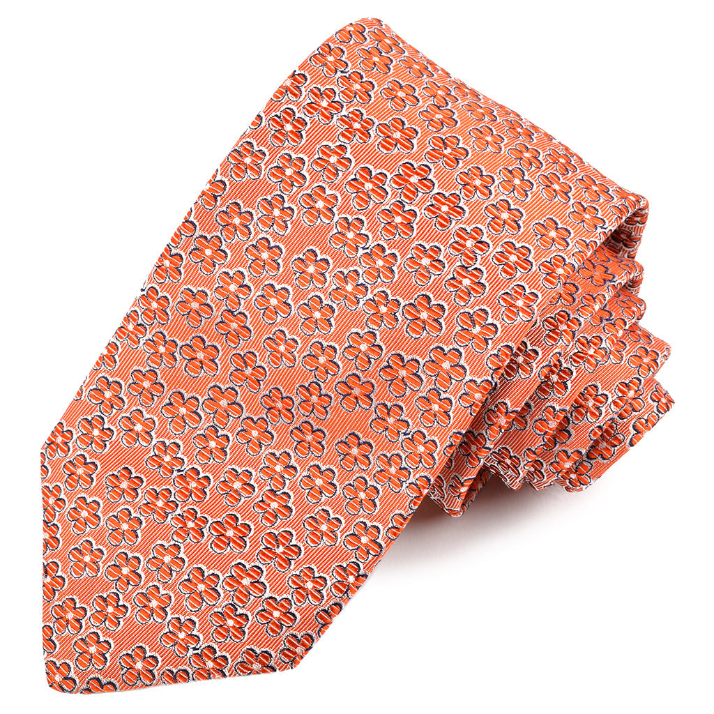 Orange, Navy, and Latte Margarita Floral Faille Woven Italian Silk Jacquard Tie by Dion Neckwear