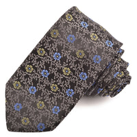 Black, Taupe, Blue, and Sage Scrolling Vine and Margarita Floral Woven Italian Silk Jacquard Tie by Dion Neckwear