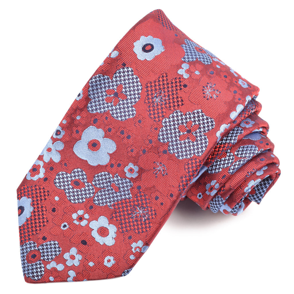 Red, Sky, and Navy Focal Solid Houndstooth Floral Woven Italian Silk Jacquard Tie by Dion Neckwear