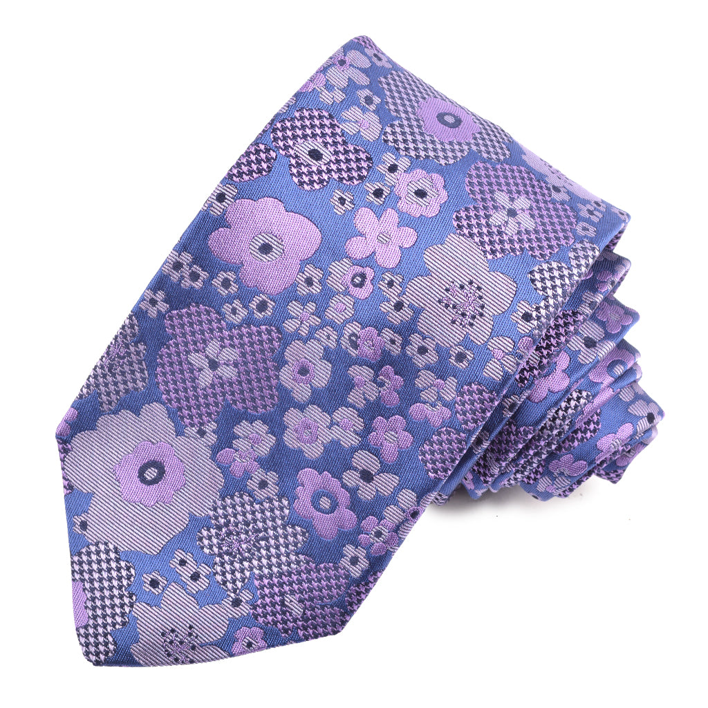 French Blue, Lilac, and Navy Focal Solid Houndstooth Floral Woven Italian Silk Jacquard Tie by Dion Neckwear