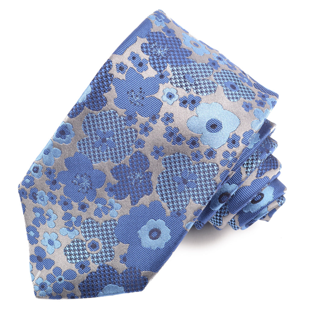 Grey, French Blue, and Navy Focal Solid Houndstooth Floral Woven Italian Silk Jacquard Tie by Dion Neckwear