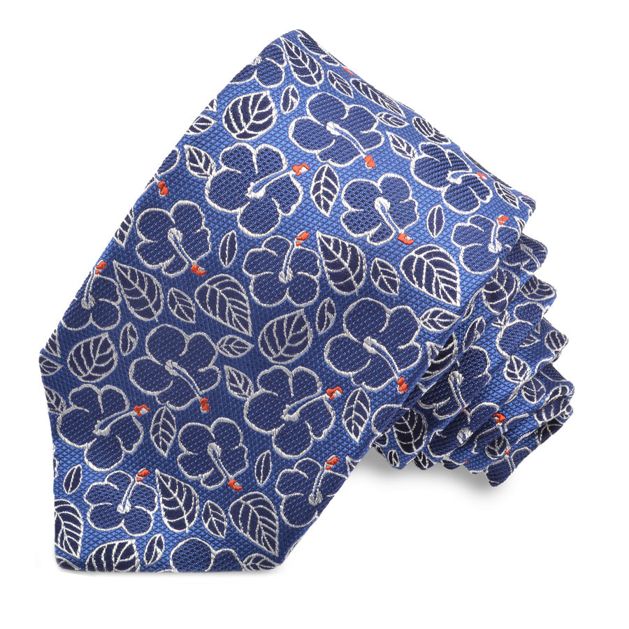 French Blue, Navy, and Orange Tropical Hibiscus Woven Italian Silk Jacquard Tie by Dion Neckwear