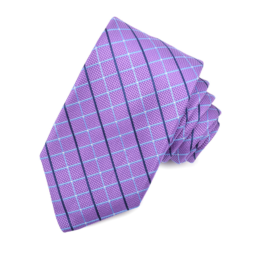 Purple, Navy, and Powder Blue Oxford Gingham Woven Jacquard Silk Tie by Dion Neckwear