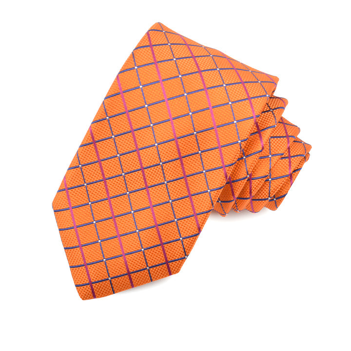 Orange, Navy, and Berry Oxford Gingham Woven Jacquard Silk Tie by Dion Neckwear