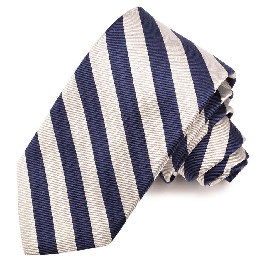 Navy and White Faille Bar Stripe Woven Jacquard Silk Tie by Dion Neckwear