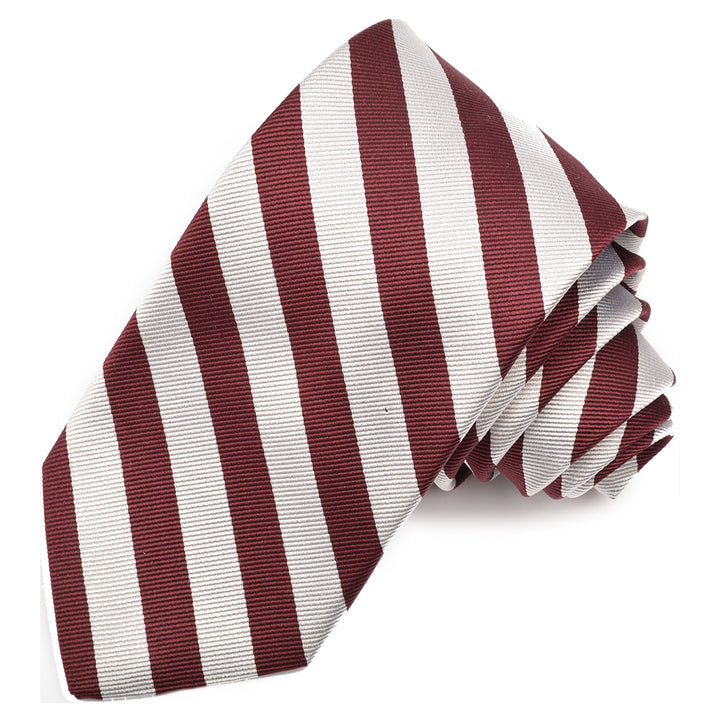 Burgundy and White Faille Bar Stripe Woven Jacquard Silk Tie by Dion Neckwear