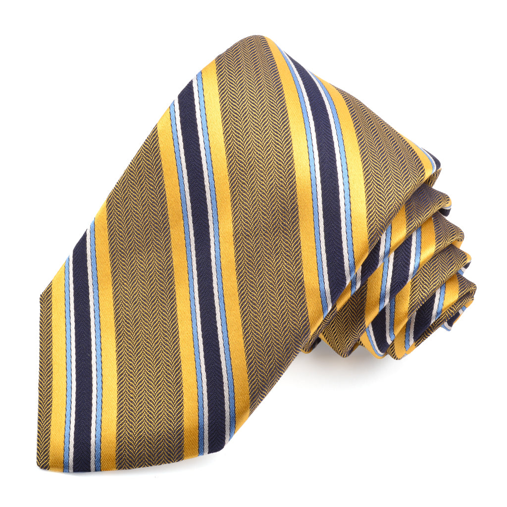 Gold, Sky, and Navy Chevron Rep Stripe Woven Jacquard Silk Tie by Dion Neckwear