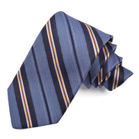 Navy, Sky, and Sand Double Chevron Bar Stripe Woven Jacquard Silk Tie by Dion Neckwear