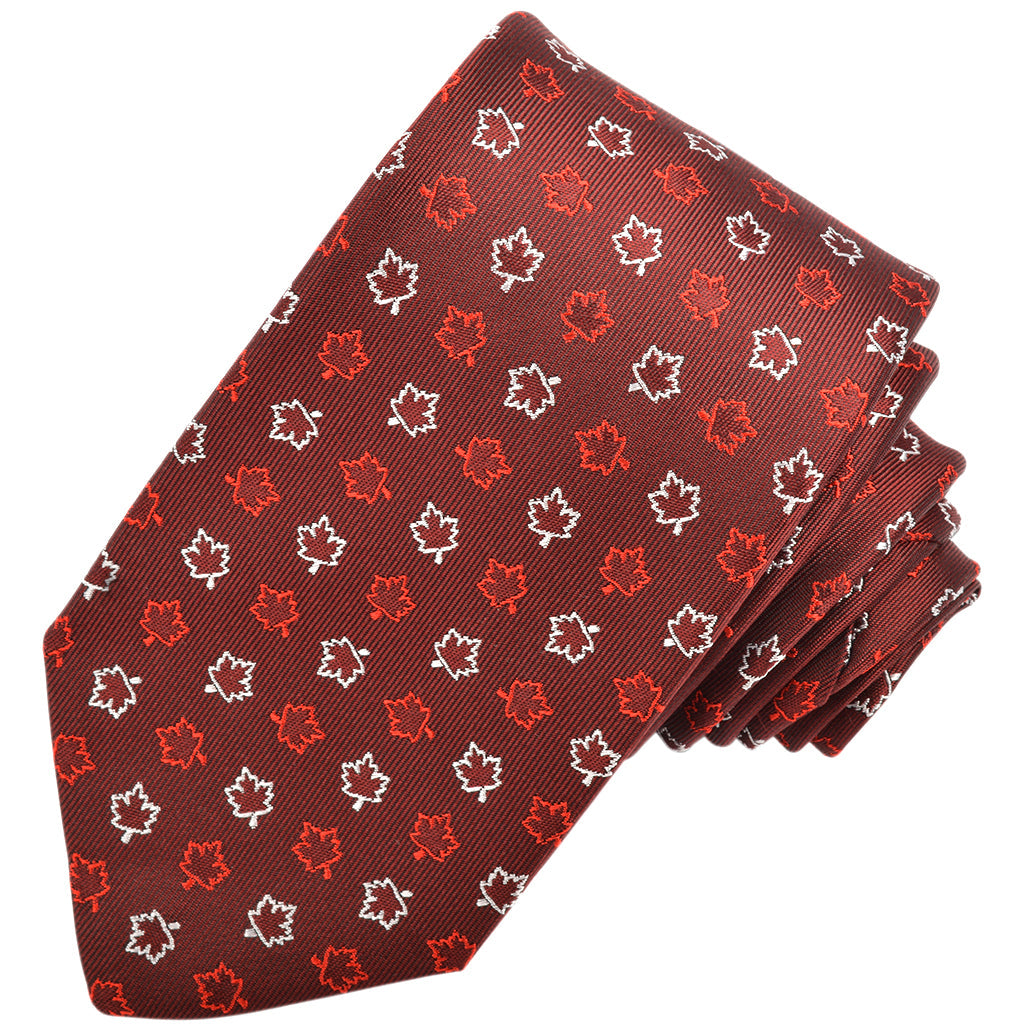 Burgundy, Red, and White Canadian Maple Leaf Woven Silk Jacquard Tie by Dion Neckwear