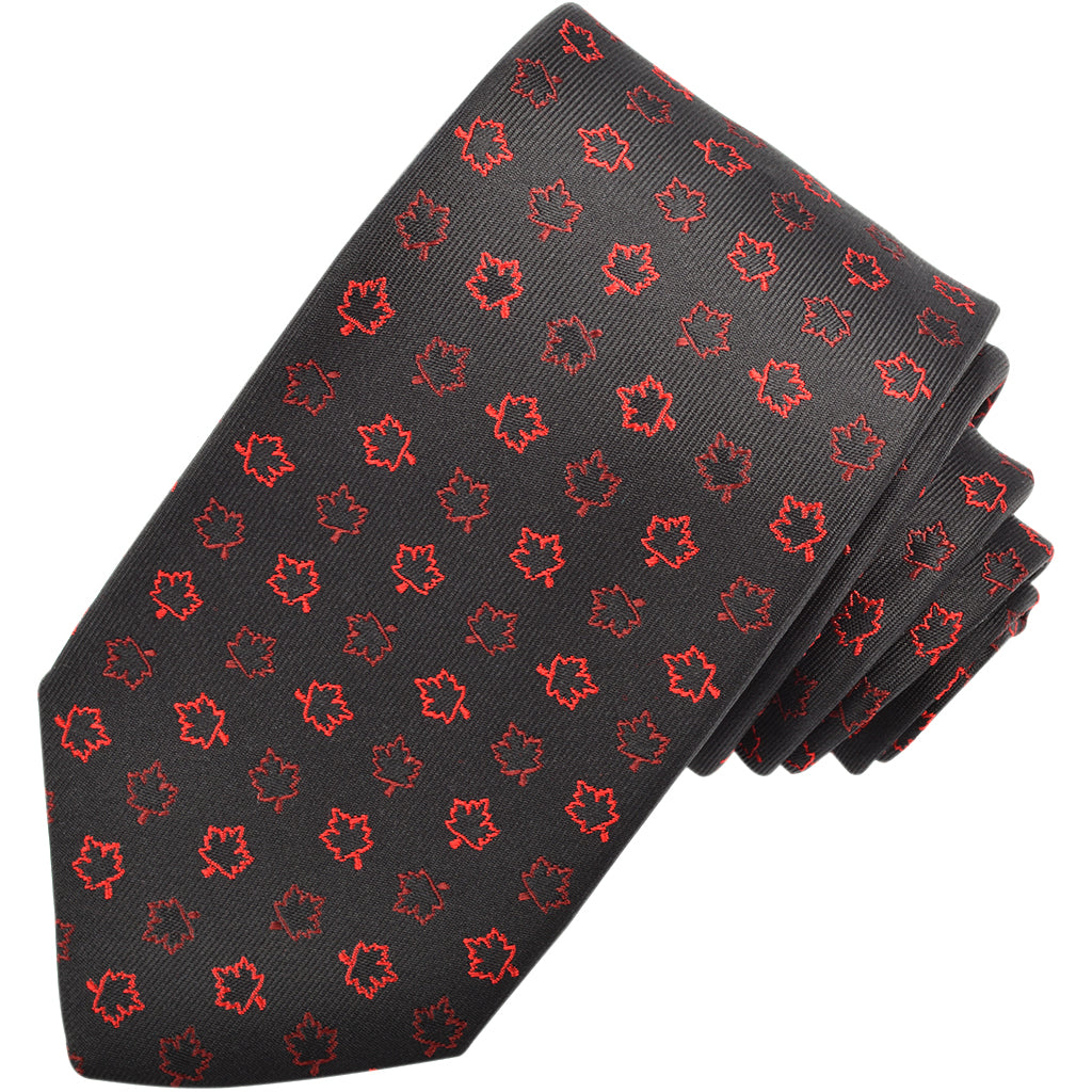 Black, Burgundy, and Red Canadian Maple Leaf Woven Silk Jacquard Tie by Dion Neckwear