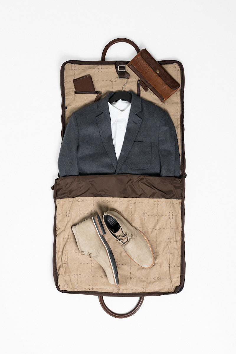 Gravely Garment Bag in Navy Ventile and Titan Milled Brown by Moore & Giles