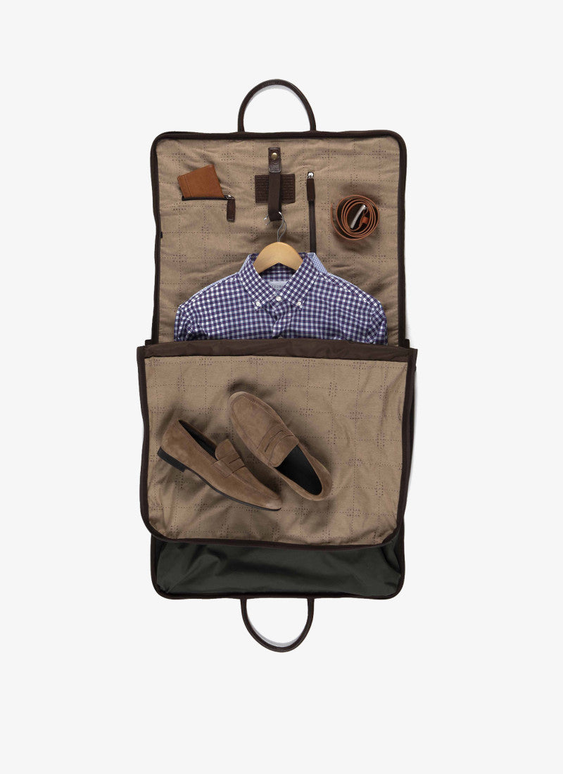 Gravely Garment Bag in Olive Ventile and Titan Milled Brown by Moore & Giles