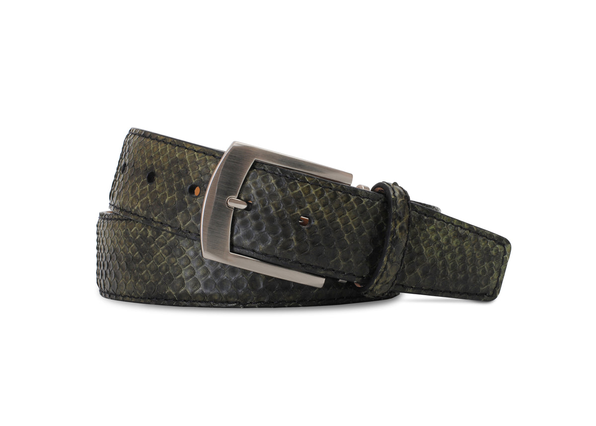 Belly Cut Python Vintage Finish Belly-Cut Python Belt in Green by Brookes & Hyde