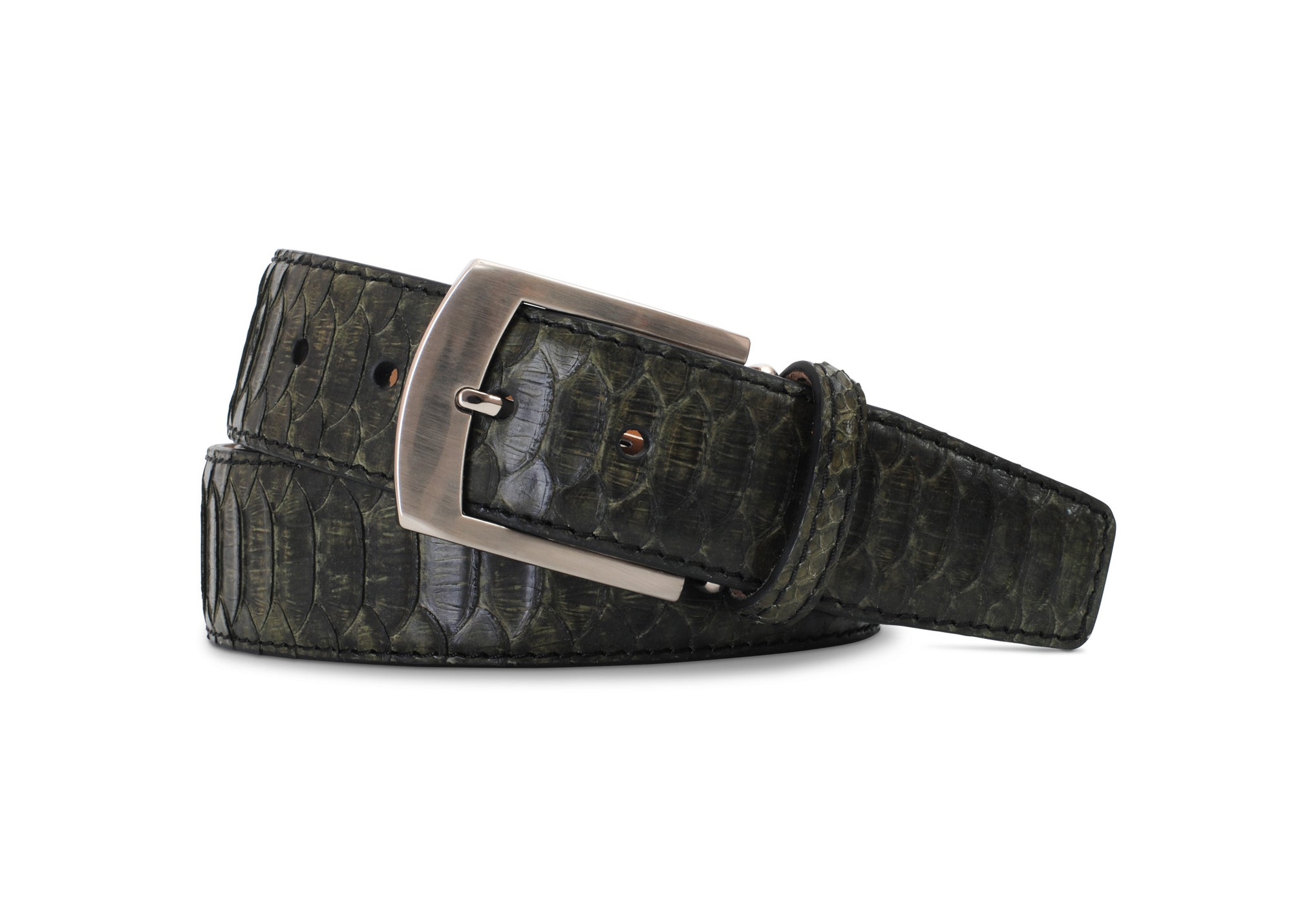 Vintage Finish Back-Cut Python Belt in Green by Brookes & Hyde