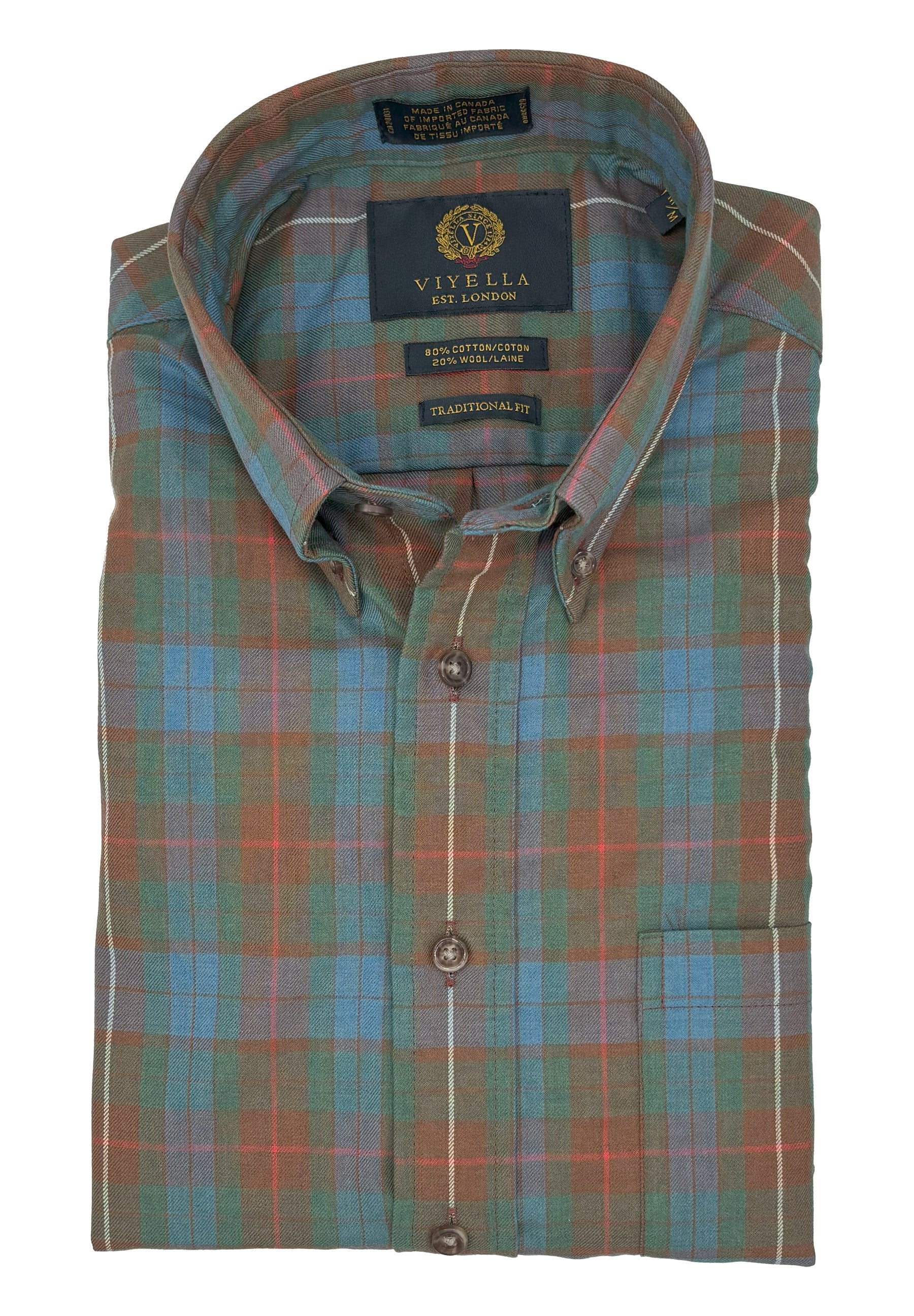 Blue and Rust Multi Plaid Cotton and Wool Blend Button-Down Shirt by Viyella