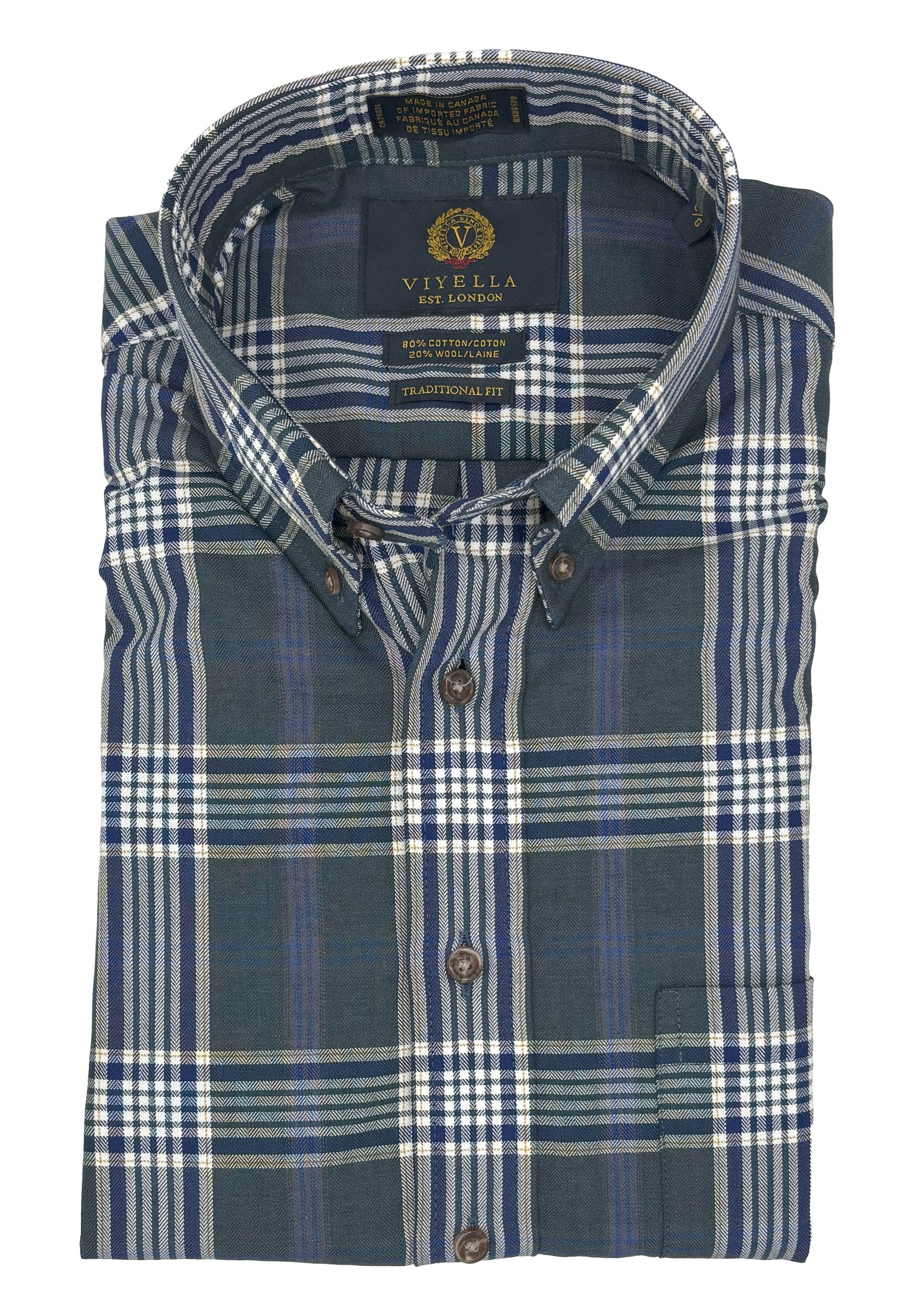 Navy and Charcoal Herringbone Plaid Cotton and Wool Blend Button-Down Shirt by Viyella