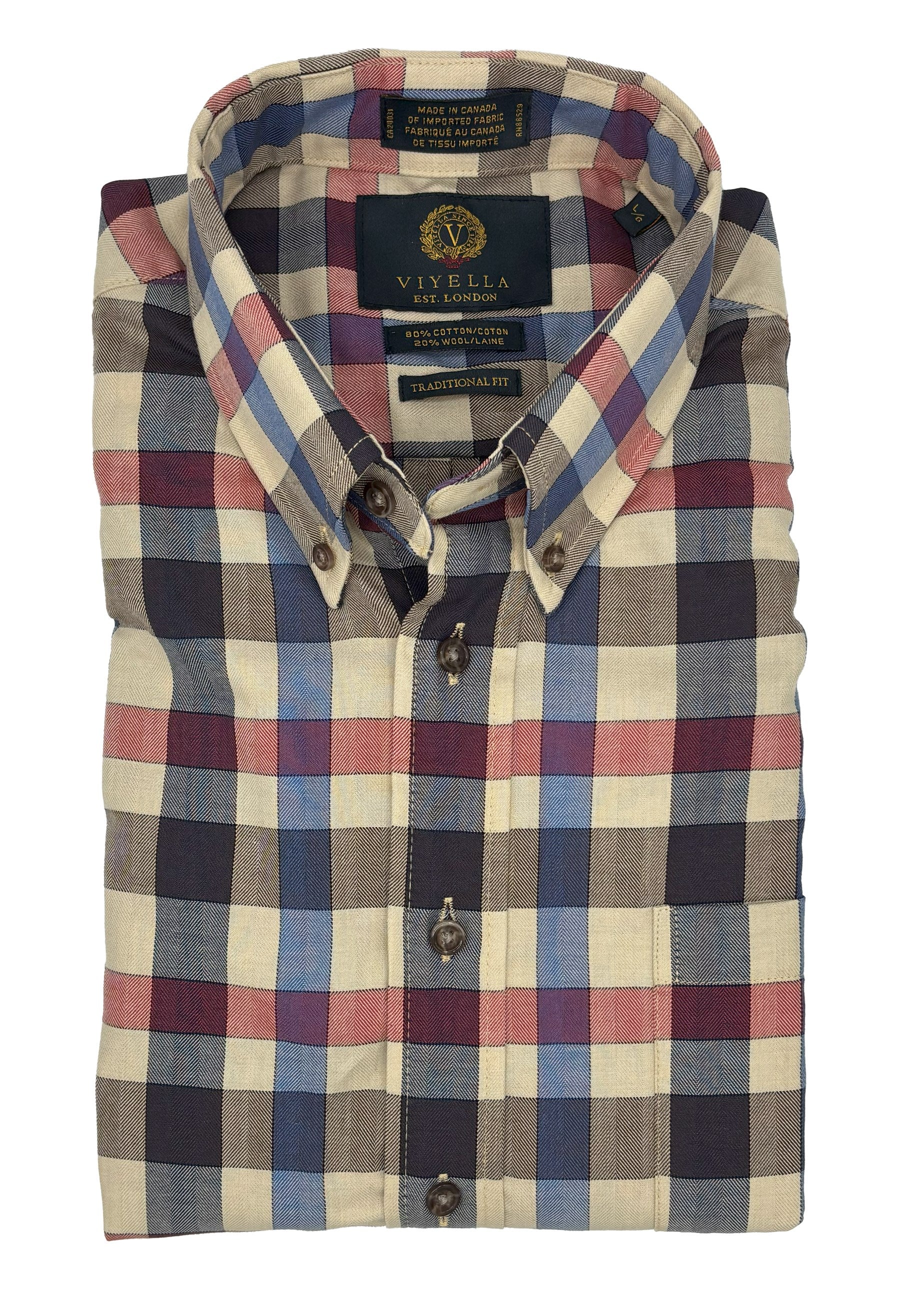 Brown, Blue, and Red Herringbone Multi Check Cotton and Wool Blend Button-Down Shirt by Viyella