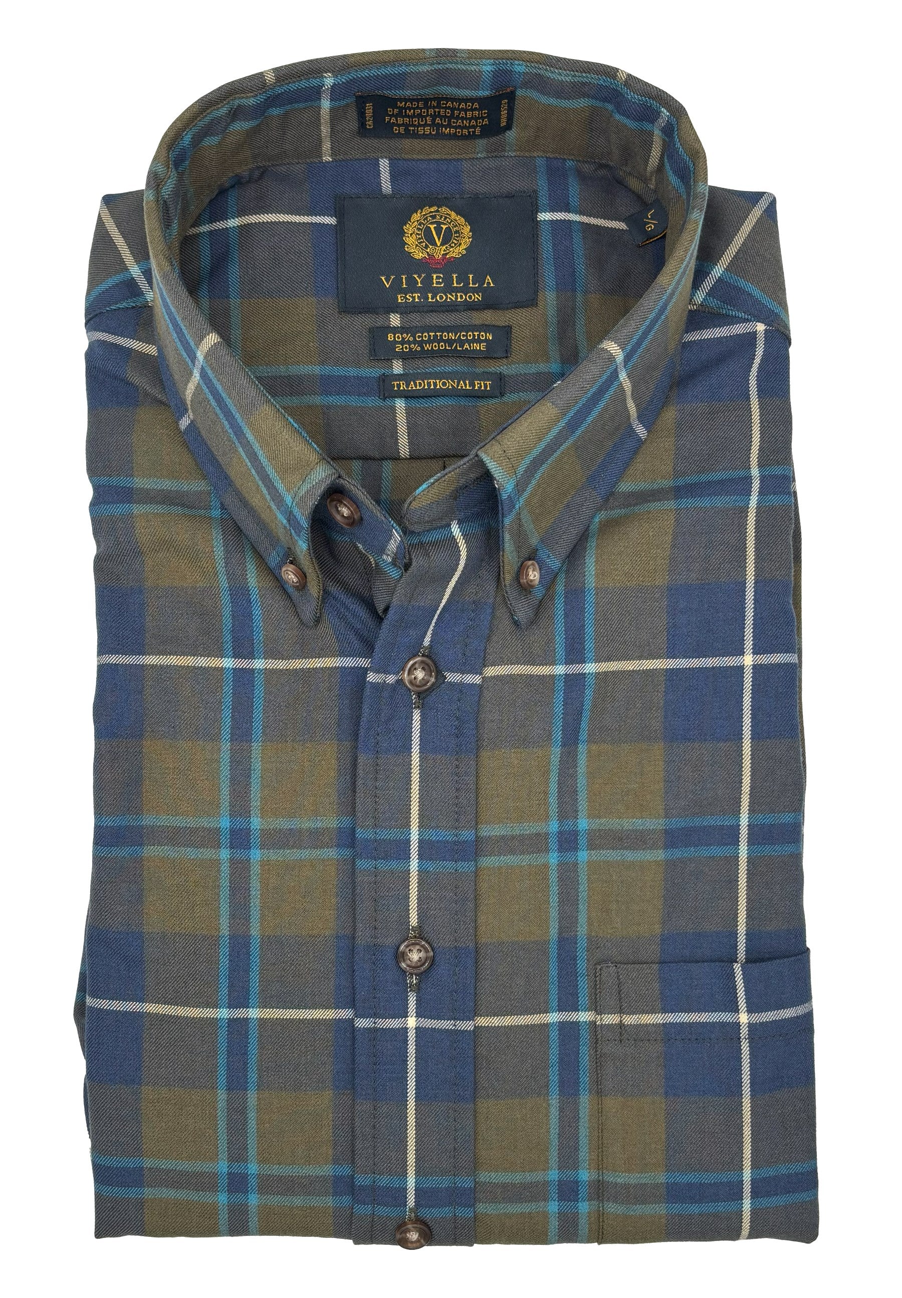 Olive, Blue, and Aqua Plaid Cotton and Wool Blend Button-Down Shirt by Viyella