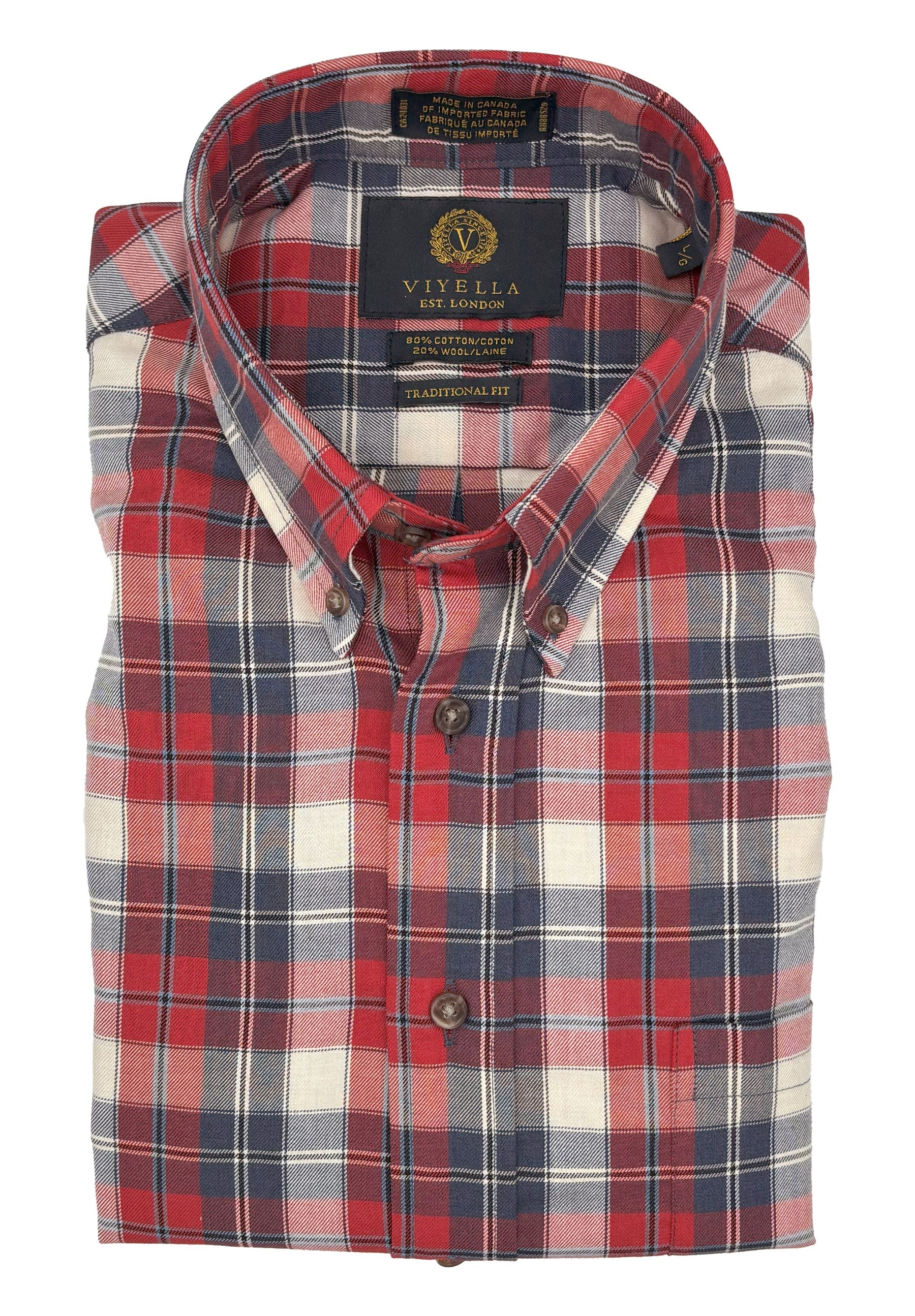 Red, Blue, and Winter White Plaid Cotton and Wool Blend Button-Down Shirt by Viyella