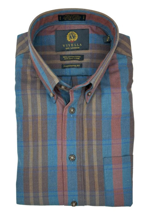 Blue, Brown, Mustard, and Rust Plaid Cotton and Wool Blend Button-Down Shirt by Viyella
