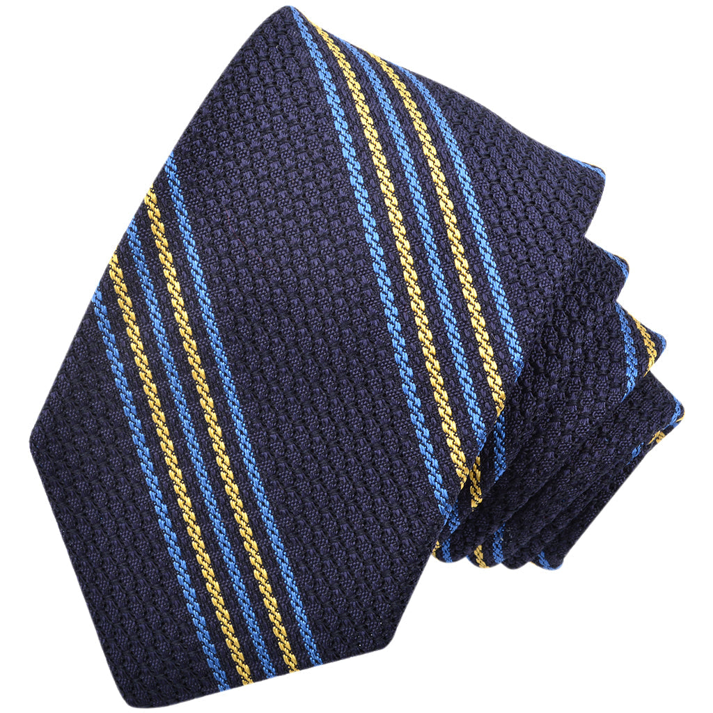 French Blue, Yellow, and Navy Fine Double Bar Stripe Italian Grand Grassa Grenadine Silk Tie by Dion Neckwear