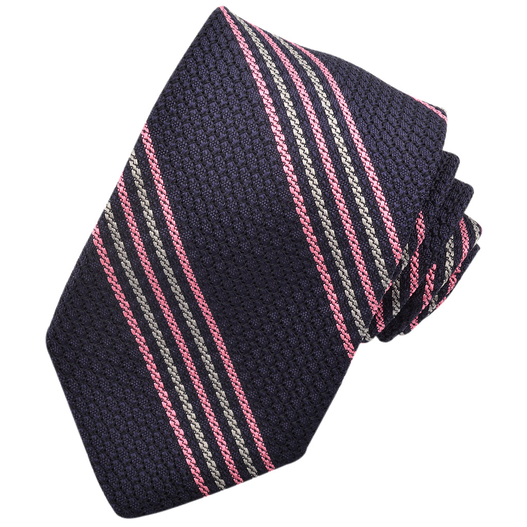 Pink, Grey, and Navy Fine Double Bar Stripe Italian Grand Grassa Grenadine Silk Tie by Dion Neckwear