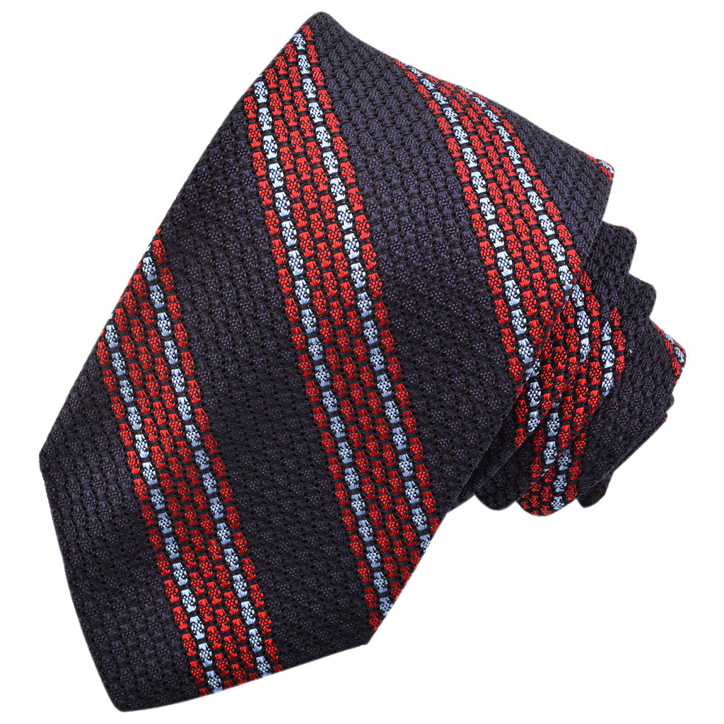 Red, Sky, and Navy Bordered Bar Stripe Italian Grand Grassa Grenadine Silk Tie by Dion Neckwear