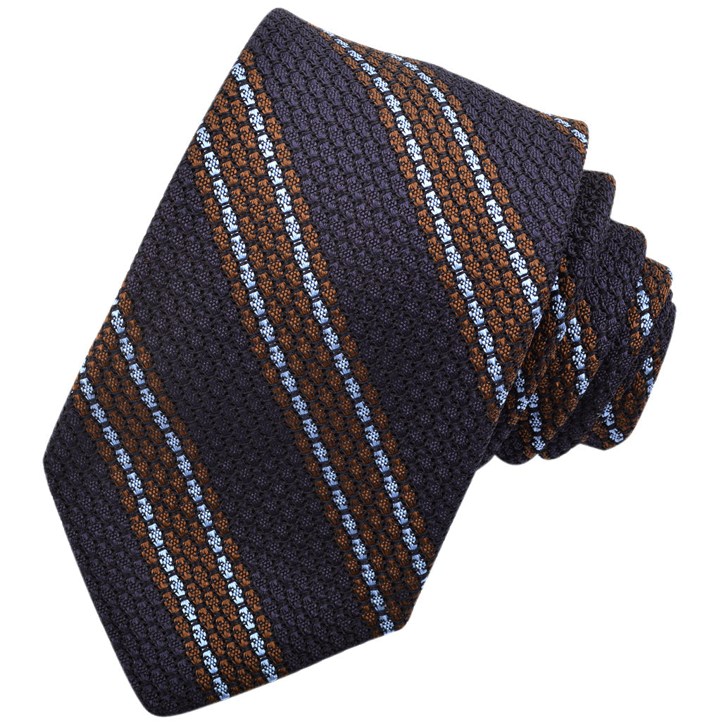 Mocha, Sky, and Navy Bordered Bar Stripe Italian Grand Grassa Grenadine Silk Tie by Dion Neckwear