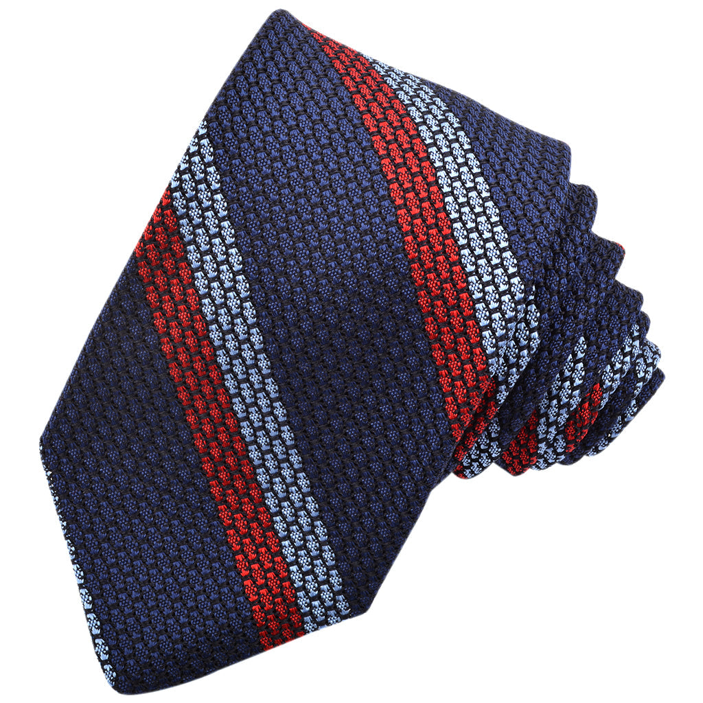 Red, Sky, and Marine Blue Double Bar Stripe Italian Grand Grassa Grenadine Silk Tie by Dion Neckwear