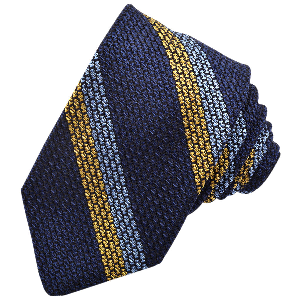 Yellow, Sky, and Marine Blue Double Bar Stripe Italian Grand Grassa Grenadine Silk Tie by Dion Neckwear