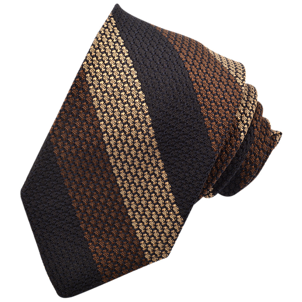 Mocha, Sand, and Black Bold Double Bar Stripe Italian Grand Grassa Grenadine Silk Tie by Dion Neckwear
