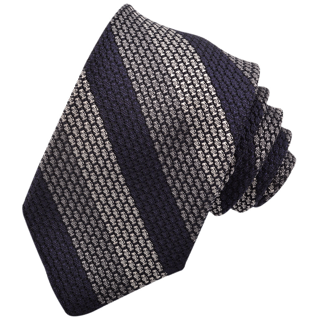 Grey, Silver, and Navy Tonal Double Bar Stripe Italian Grand Grassa Grenadine Silk Tie by Dion Neckwear