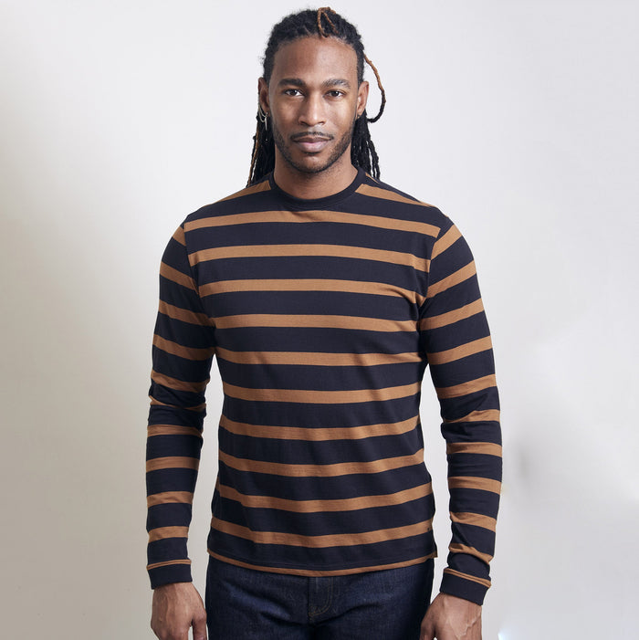 Palisades Awning Stripe Long Sleeve Peruvian Cotton Tee Shirt in Black/Rust by Left Coast Tee