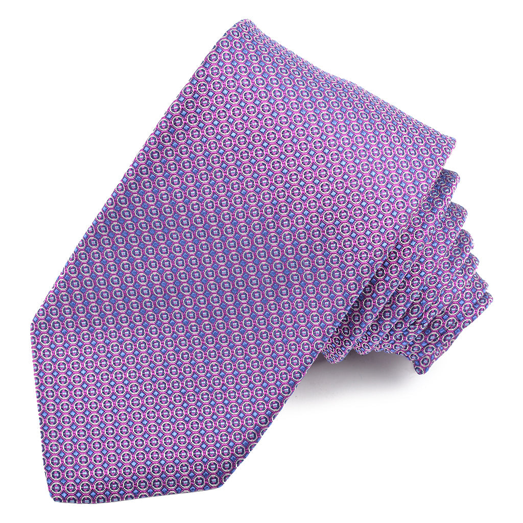 Pink, Powder Blue, and Bluette Micro Neat Ring Medallion Woven Italian Silk Jacquard Tie by Dion Neckwear