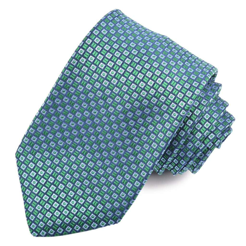 Emerald, Sky, and Navy Micro Neat Woven Italian Silk Jacquard Tie by Dion Neckwear