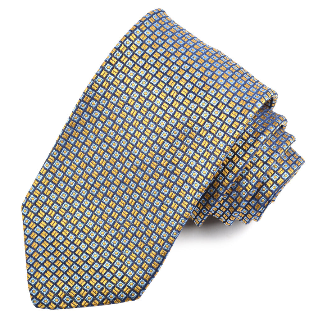 Gold, Powder Blue, and Navy Micro Neat Woven Italian Silk Jacquard Tie by Dion Neckwear