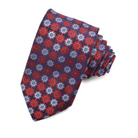 Rosetto Red, Sky, and Navy Floral Mandala Woven Silk Jacquard Tie by Dion Neckwear