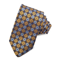 Gold, Sky, and Navy Floral Mandala Woven Silk Jacquard Tie by Dion Neckwear