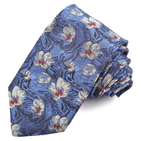 Bluette, Navy, and Red Garden of Pansies Woven Italian Silk Jacquard Tie by Dion Neckwear