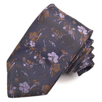 Navy, Lilac, and Mocha Mona Lisa Floral Woven Italian Silk Jacquard Tie (Regular Length, 2 1/2" Wide) by Dion Neckwear