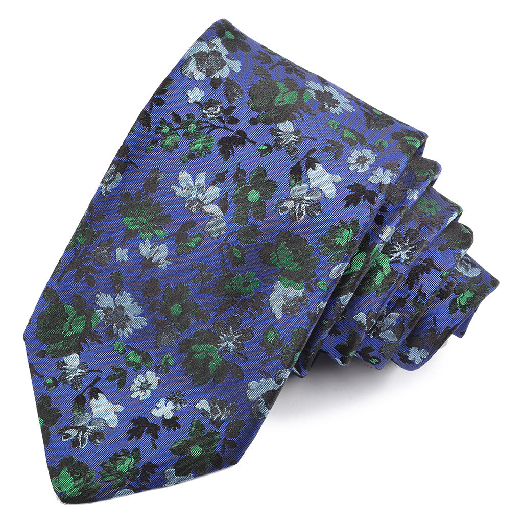 Royal, Green, and Sky Camellia Floral Woven Italian Silk Jacquard Tie by Dion Neckwear