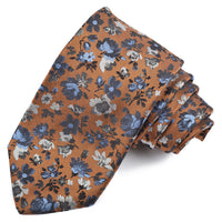 Cognac, French Blue, and Black Camellia Floral Woven Italian Silk Jacquard Tie by Dion Neckwear