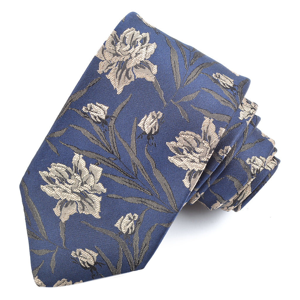 Navy, Sand, and Black Rose of Paradise Woven Italian Silk Jacquard Tie by Dion Neckwear