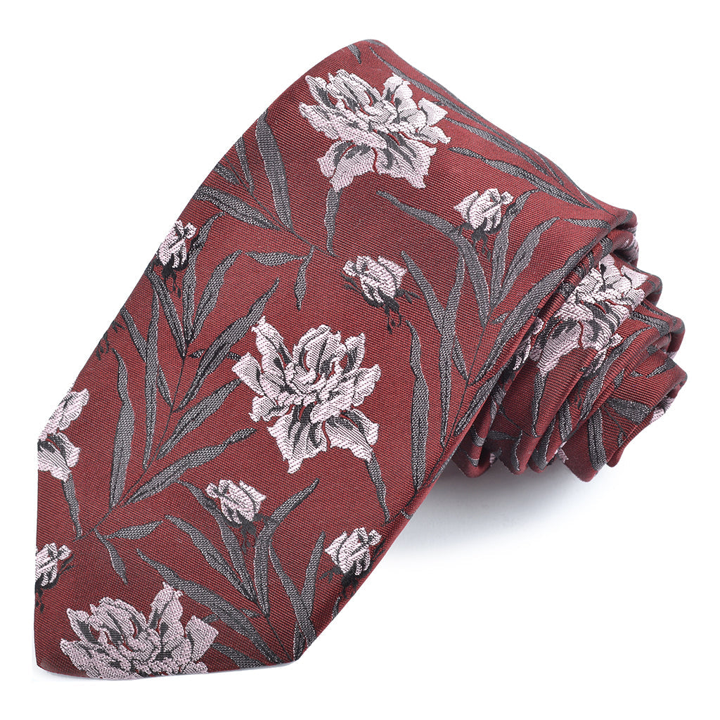 Red, Sky, and Onyx Rose of Paradise Woven Italian Silk Jacquard Tie by Dion Neckwear