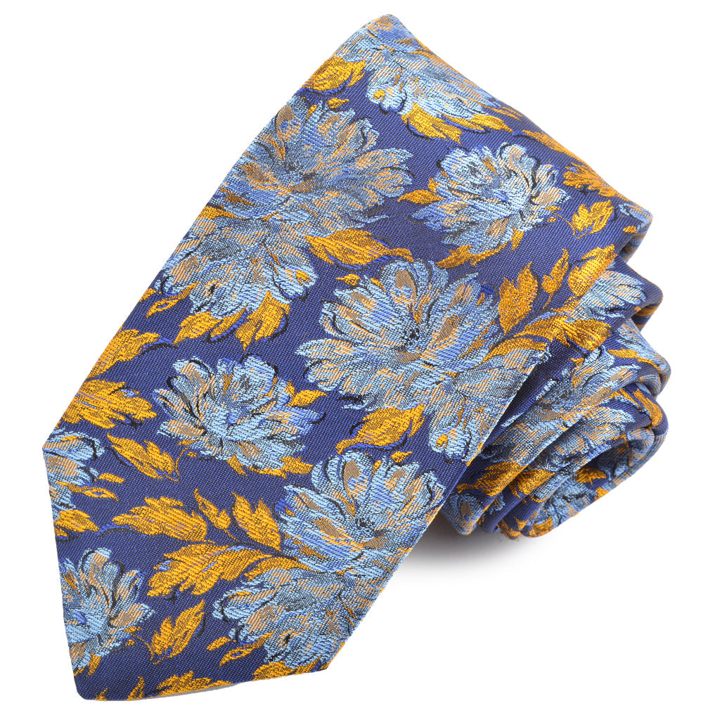 Navy, Royal, and Gold Torched Ginger Floral Woven Italian Silk Jacquard Tie by Dion Neckwear
