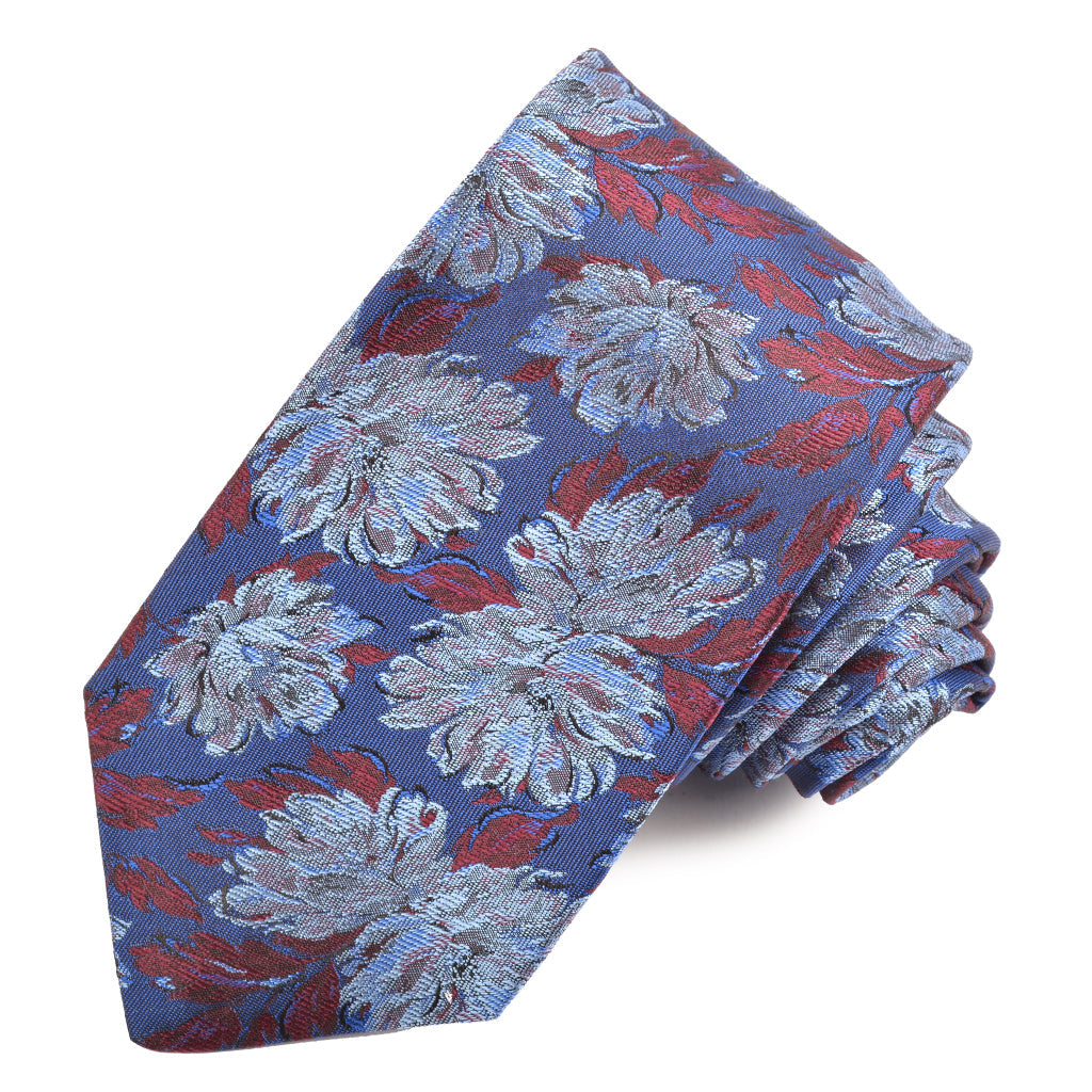 Royal, Sky, and Wine Torched Ginger Floral Woven Italian Silk Jacquard Tie by Dion Neckwear