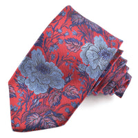 Red, Marine, and French Blue Peony Bouquet Woven Italian Silk Jacquard Tie by Dion Neckwear